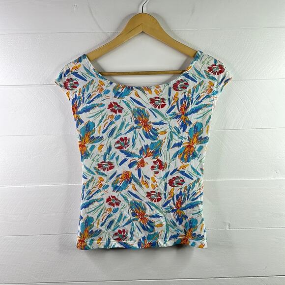 BLACK POPPY White‎ Blue Red Green Abstract Floral Bow Tie Back Shirt Top Size S - Picture 1 of 10